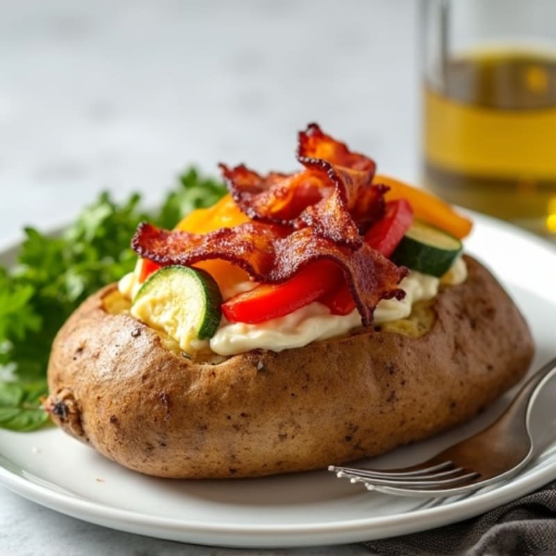 Healthy Stuffed Potato with Crispy Bacon and Roasted Vegetables