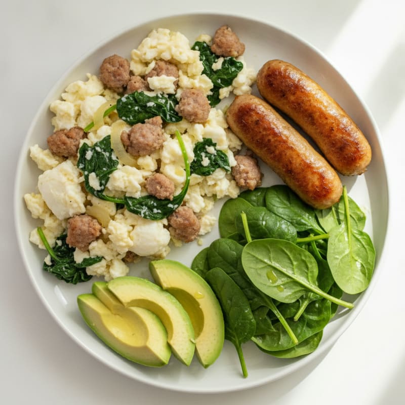 Egg White Scramble with Turkey Sausage and Sautéed Spinach