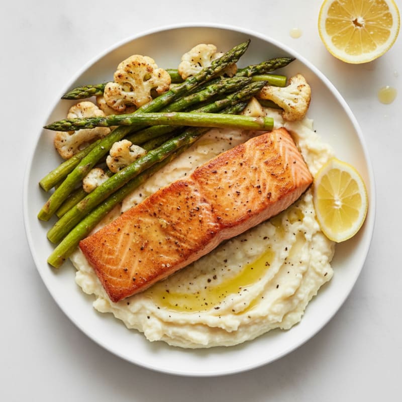 Seared Salmon with Roasted Asparagus and Cauliflower Mash