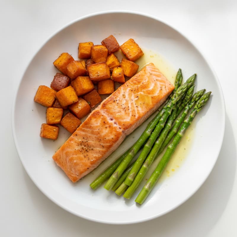Pan-Seared Salmon with Roasted Sweet Potatoes and Asparagus