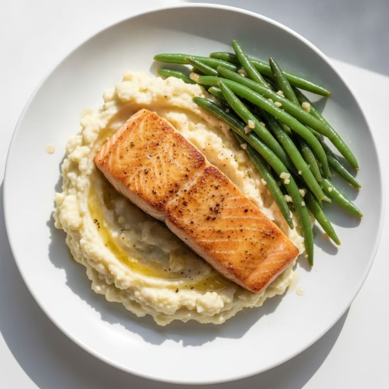 Seared Salmon Fillet with Steamed Green Beans and Garlic Mashed Cauliflower