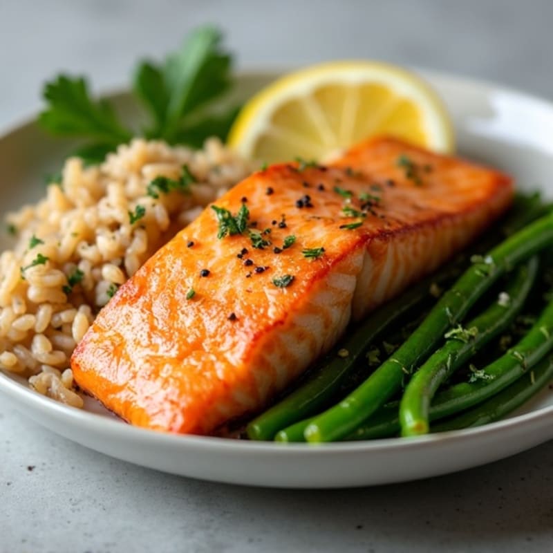 Seared Salmon with Steamed Green Beans and Brown Rice