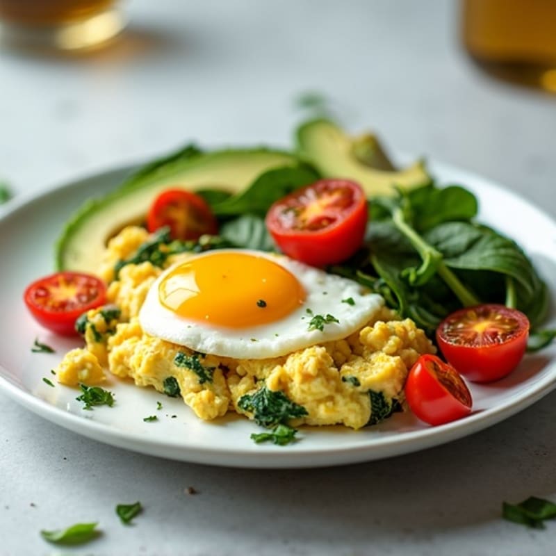 Cottage Cheese Egg White Scramble with Spinach and Cherry Tomatoes