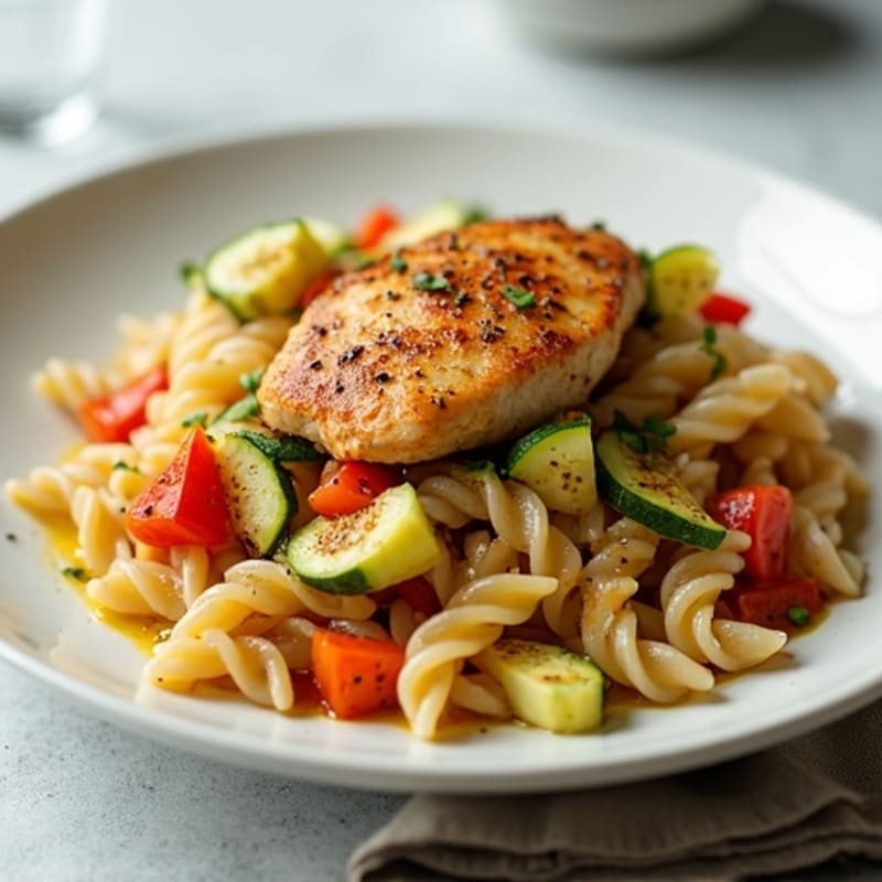 Light Chicken Pasta with Sautéed Zucchini and Bell Peppers