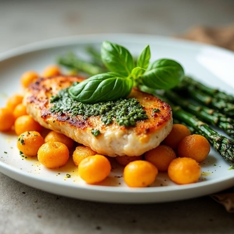 Pan-Seared Chicken with Sweet Potato Gnocchi and Roasted Asparagus, Fresh Basil Pesto
