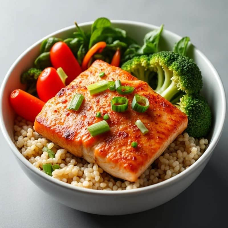 Crispy Salmon and Fresh Vegetable Rice Bowl