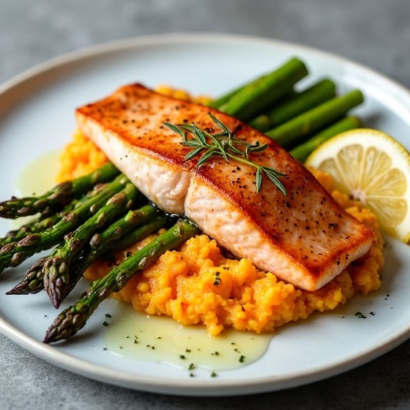 Seared Salmon Fillet with Roasted Asparagus and Sweet Potato Mash