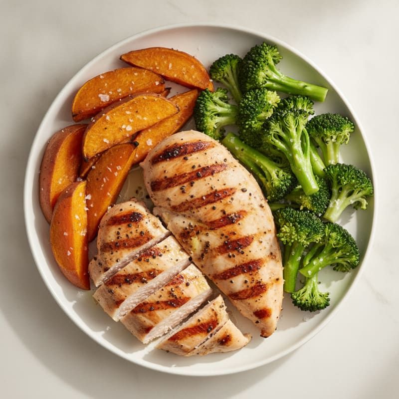 Grilled Chicken Breast with Roasted Sweet Potato and Steamed Broccoli