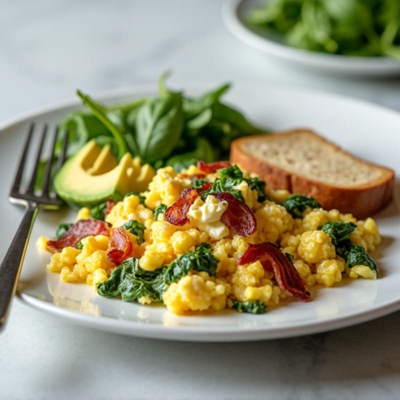 Egg White and Spinach Scramble with Cottage Cheese and Turkey Bacon