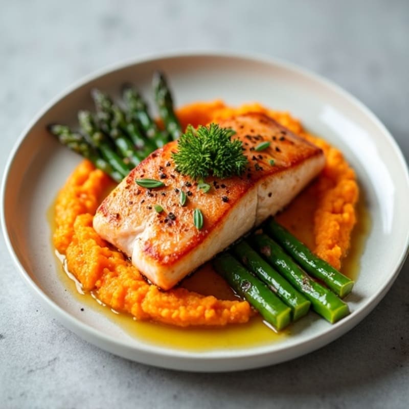 Seared Salmon with Roasted Asparagus and Sweet Potato Mash