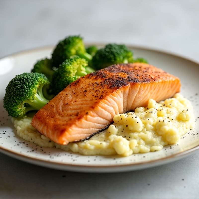 Seared Salmon with Roasted Broccoli and Garlic Mashed Cauliflower