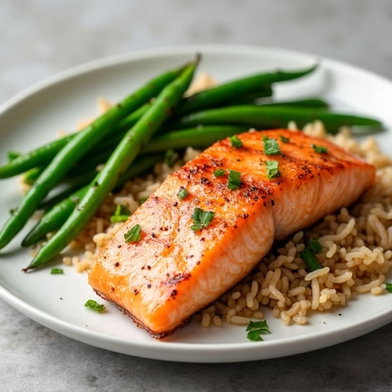 Seared Salmon Fillet with Garlic Green Beans and Brown Rice