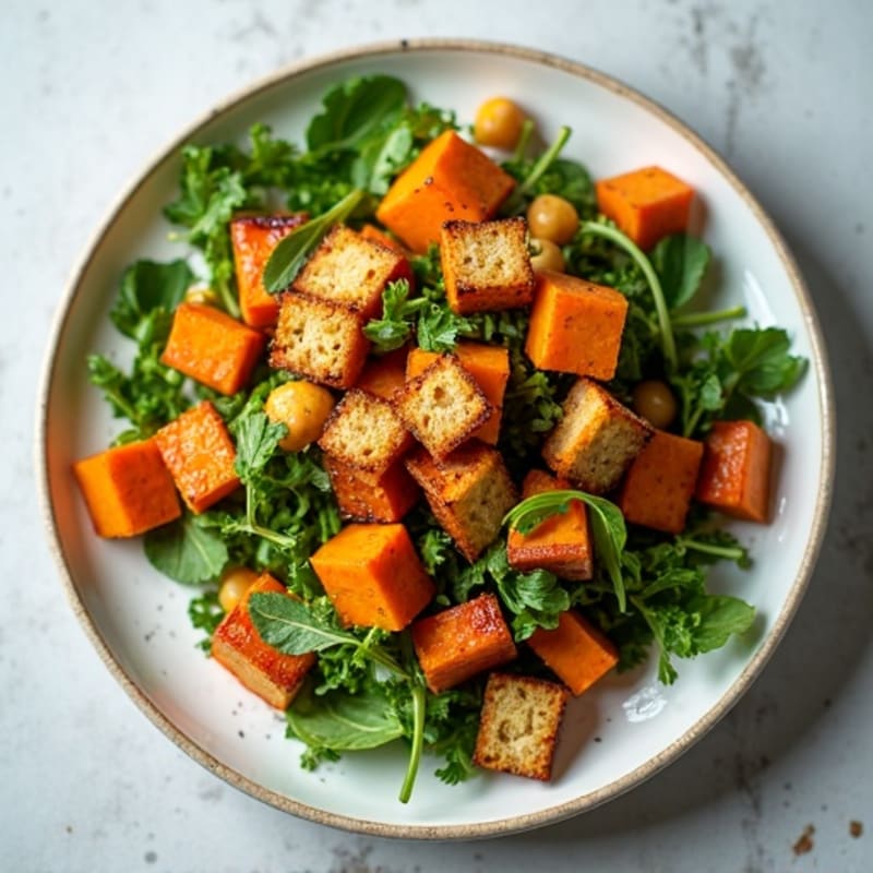 Crispy Roasted Sweet Potato and Plantain Salad with Whole Grain Croutons