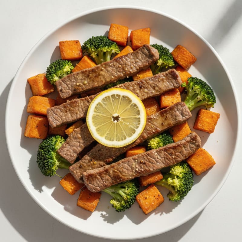 Seared Lean Beef Strips with Roasted Sweet Potatoes and Steamed Broccoli