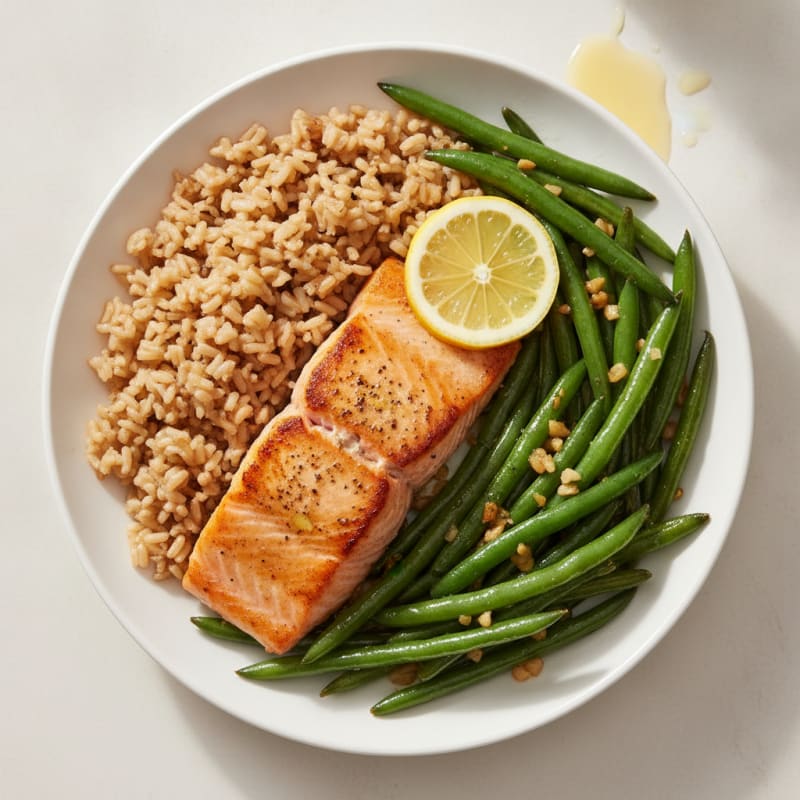 Seared Salmon with Garlic Green Beans and Brown Rice