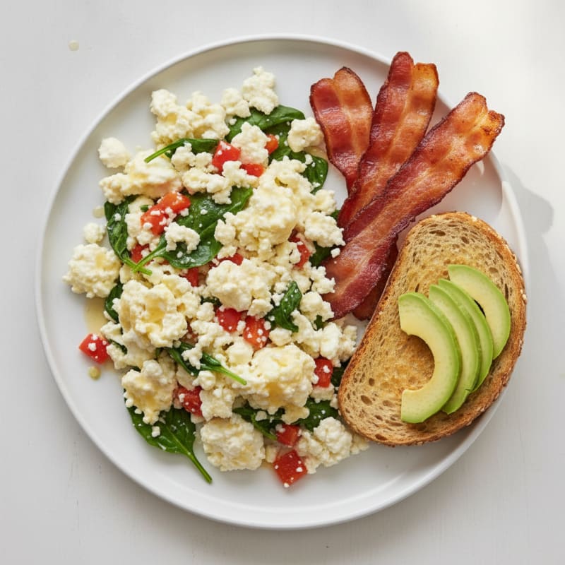 Egg White Veggie Scramble with Cottage Cheese and Turkey Bacon