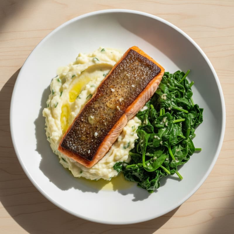 Pan-Seared Salmon with Herb Potato Mash and Sautéed Spinach
