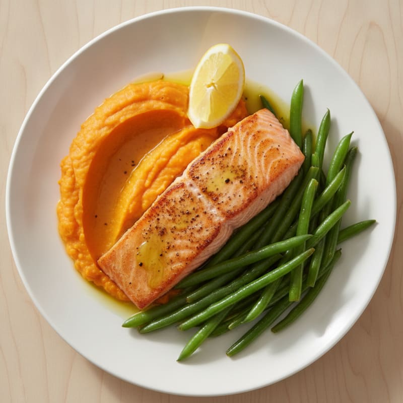 Seared Salmon Fillet with Steamed Green Beans and Sweet Potato Mash
