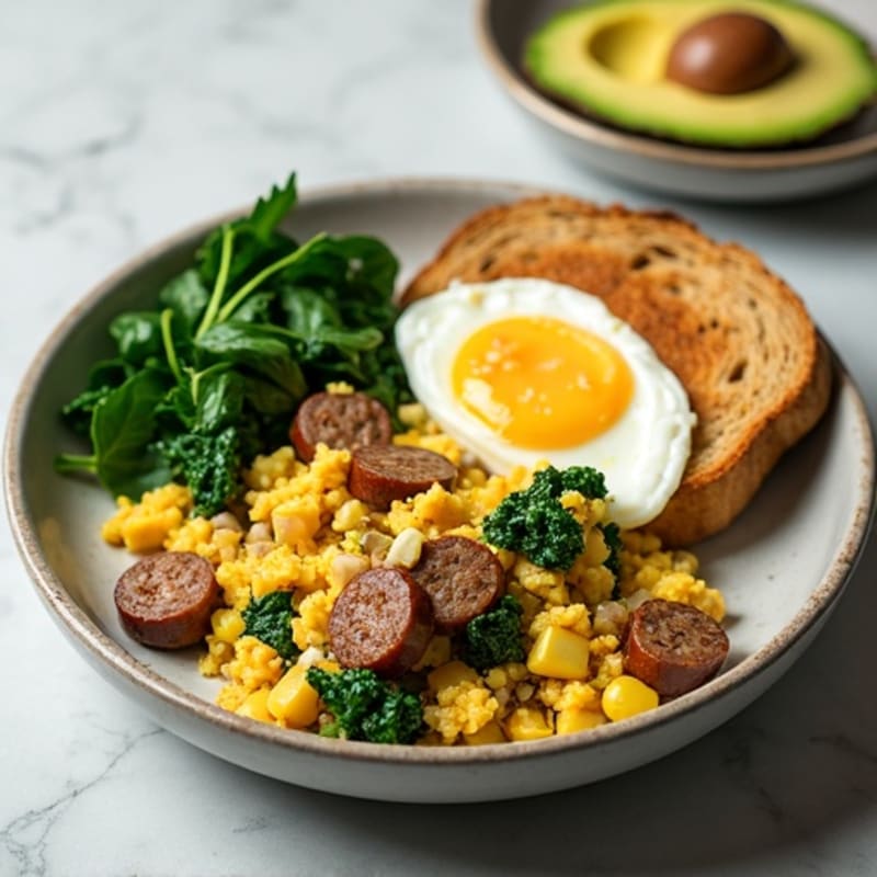 Egg White and Turkey Sausage Scramble with Sautéed Spinach