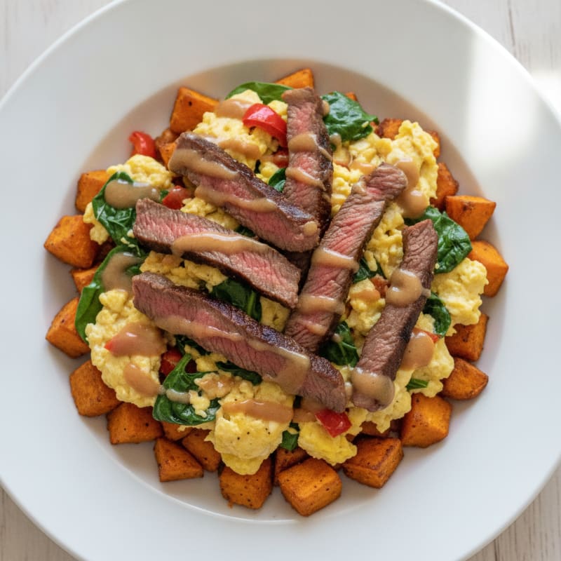 Steak and Egg Scramble with Roasted Sweet Potatoes