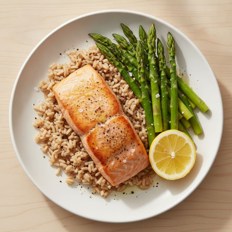 Seared Salmon with Steamed Asparagus and Brown Rice