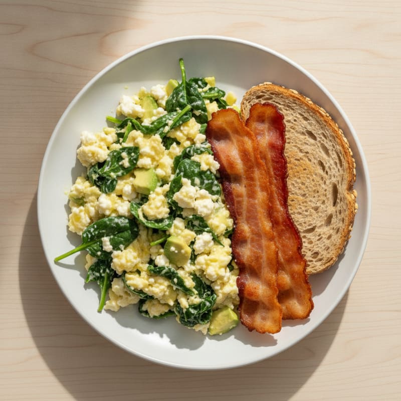 Cottage Cheese Egg Scramble with Spinach and Turkey Bacon