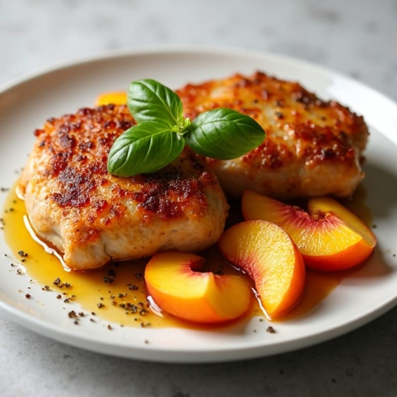 Crispy Roasted Chicken Thighs with Sweet Peaches and Fresh Basil