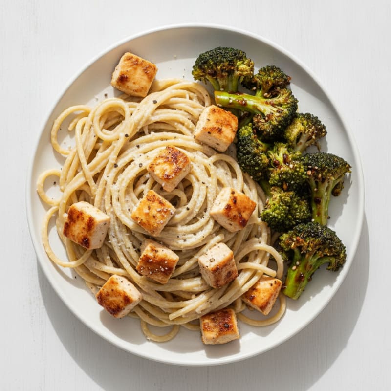 Chicken Alfredo Protein Spaghetti with Teriyaki Broccoli
