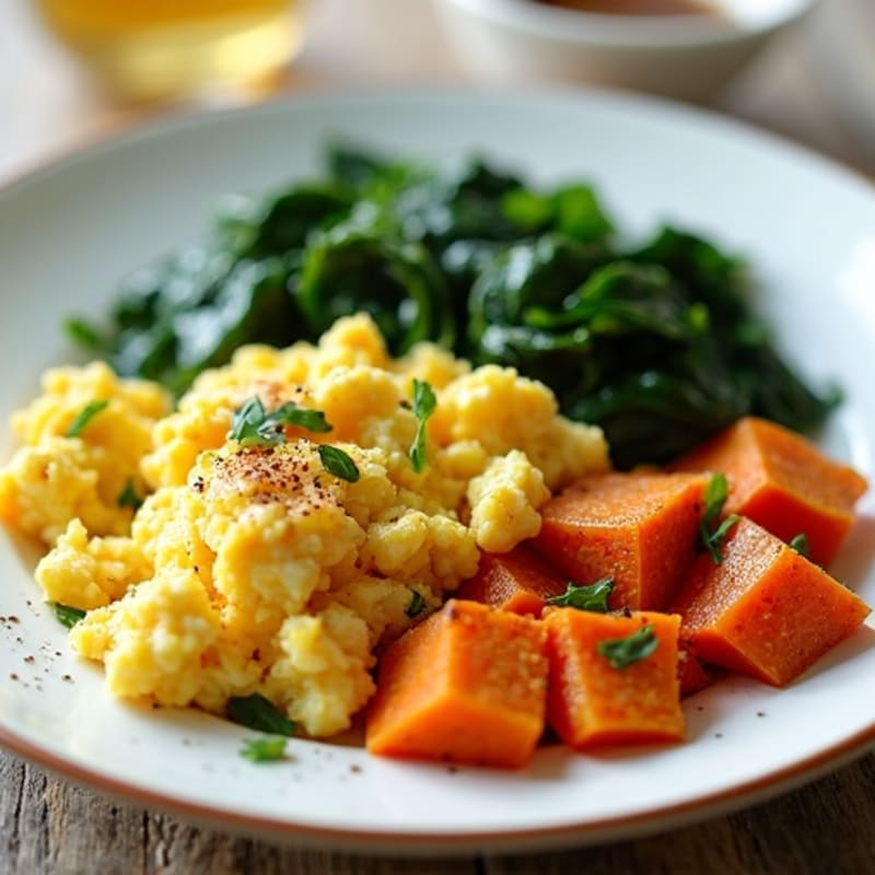 Cottage Cheese Scramble with Sautéed Spinach and Roasted Sweet Potato