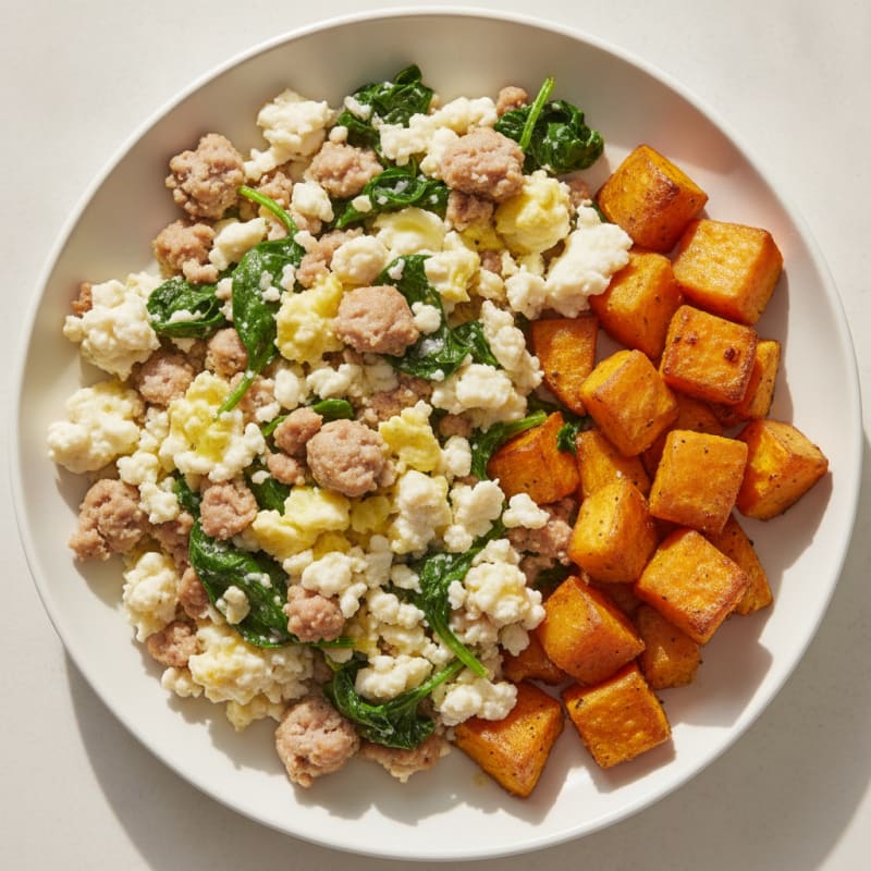 Egg White and Turkey Sausage Scramble with Spinach and Roasted Sweet Potatoes