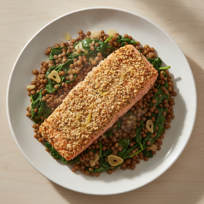 Herb-Crusted Salmon with Lentil and Spinach Sauté