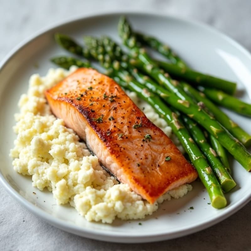 Seared Salmon with Steamed Asparagus and Garlic Cauliflower Mash