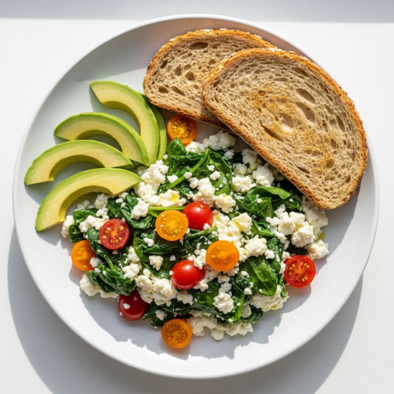 Cottage Cheese Egg White Scramble with Spinach and Cherry Tomatoes