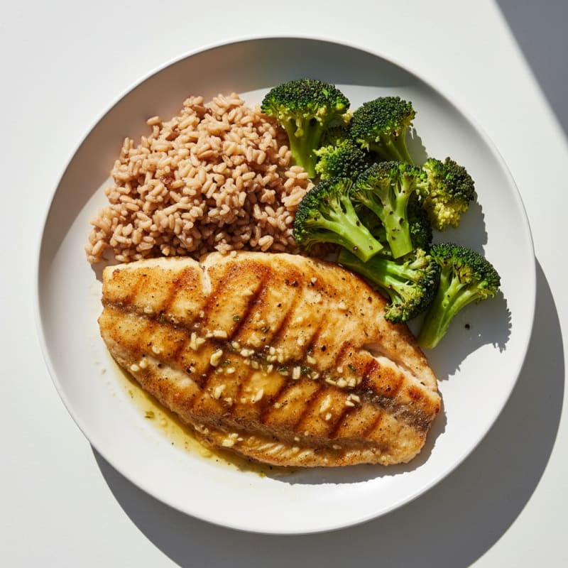 Seared Tilapia with Steamed Broccoli and Brown Rice