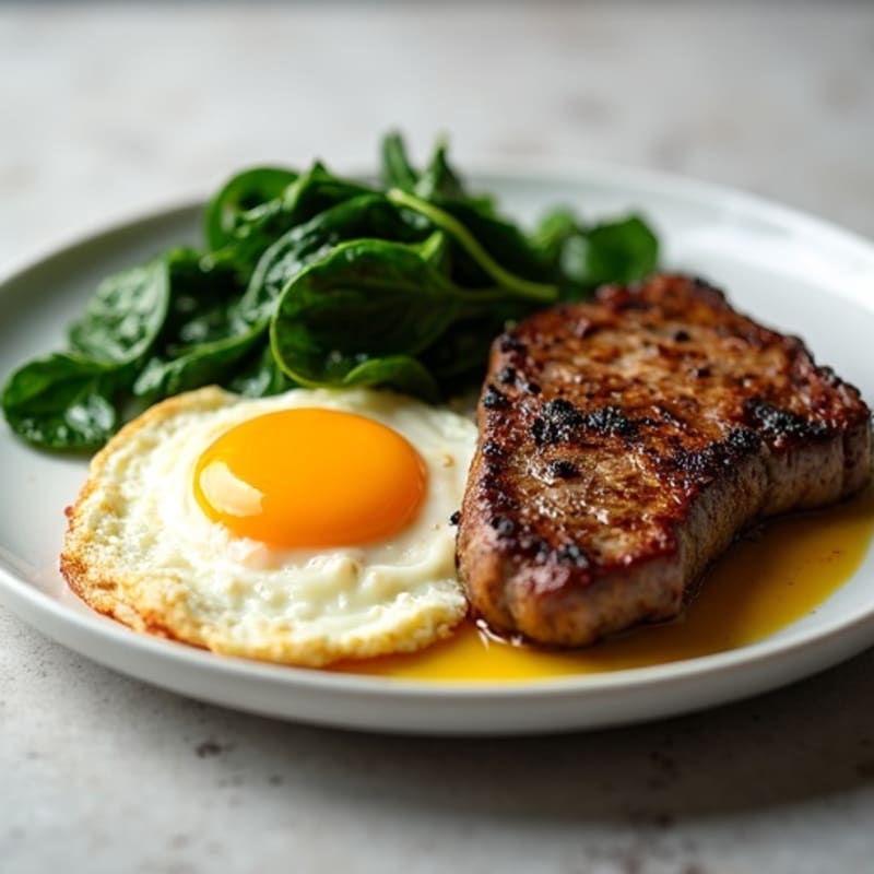 Quick Seared Steak with Scrambled Eggs and Sautéed Spinach