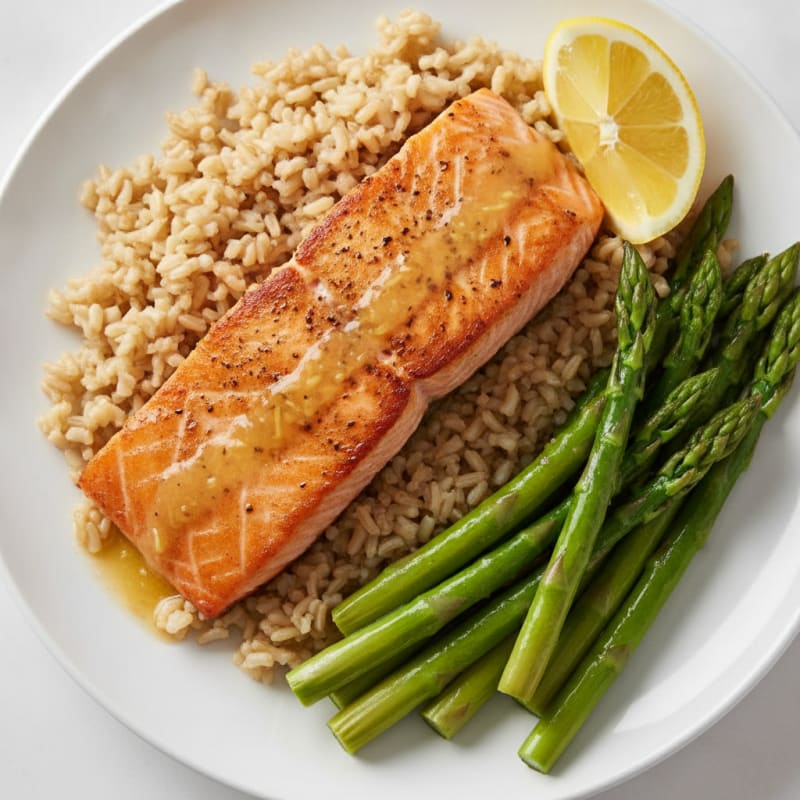 Seared Salmon Fillet with Steamed Asparagus and Brown Rice