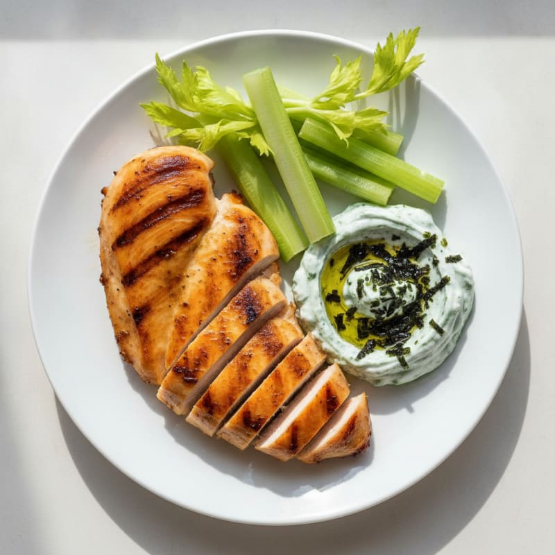 Grilled Chicken Breast with Celery and Spirulina Yogurt Dip
