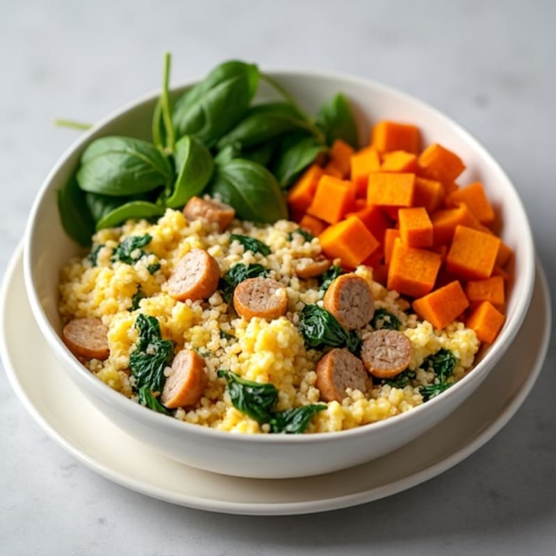 Egg White and Turkey Sausage Scramble with Spinach and Roasted Sweet Potato