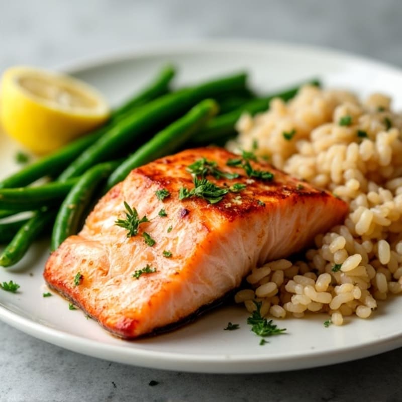 Seared Salmon Fillet with Garlic Green Beans and Brown Rice