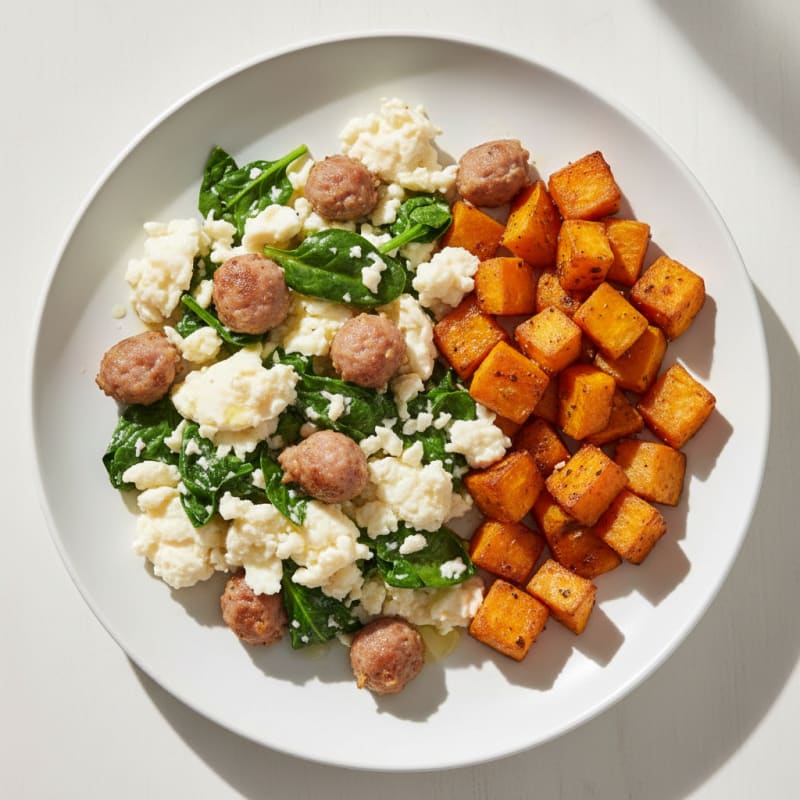 Egg White and Turkey Sausage Scramble with Spinach and Roasted Sweet Potato