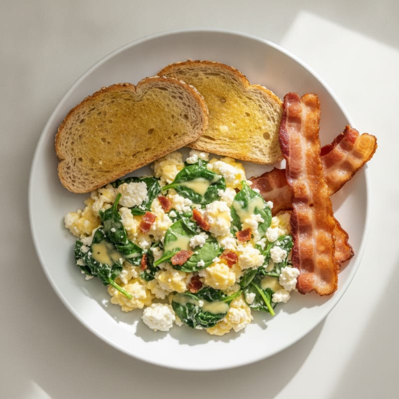 Cottage Cheese Scramble with Spinach and Turkey Bacon