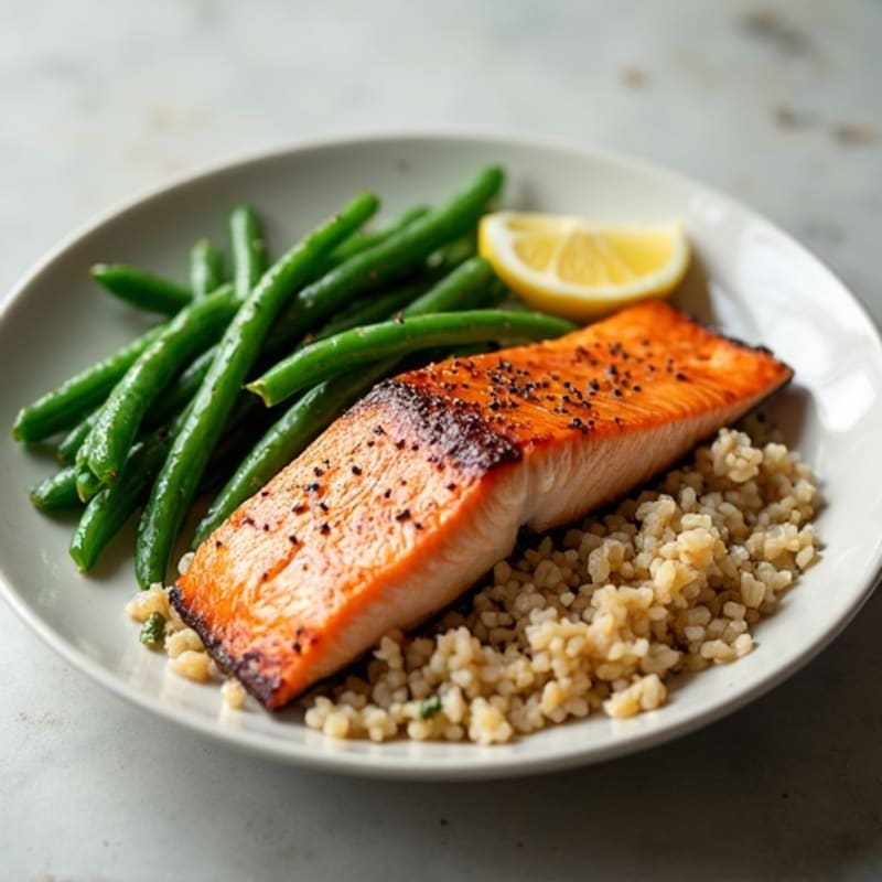 Seared Salmon with Garlic Green Beans and Brown Rice