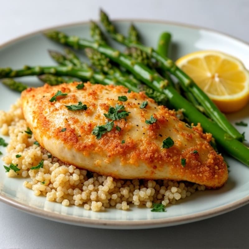 Crispy Lemon-Herb Chicken with Roasted Asparagus and Quinoa