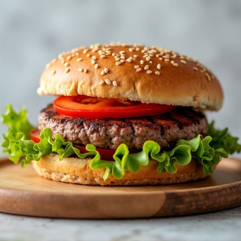 Juicy Lean Grilled Beef Burger with Crisp Lettuce and Fresh Tomato