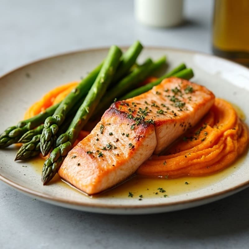 Seared Salmon Fillet with Roasted Asparagus and Sweet Potato Mash