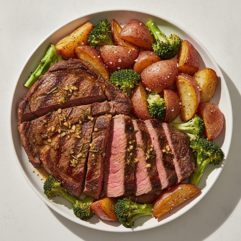 Garlic Herb Steak with Roasted Potatoes and Broccoli