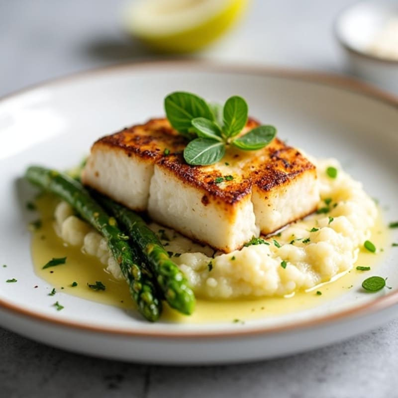Seared Cod with Steamed Asparagus and Cauliflower Mash