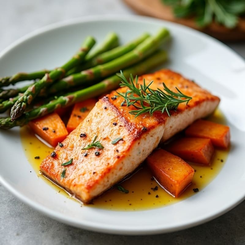 Seared Salmon with Roasted Sweet Potatoes and Asparagus