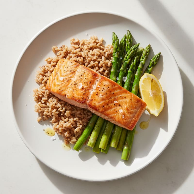 Seared Salmon with Steamed Asparagus and Brown Rice