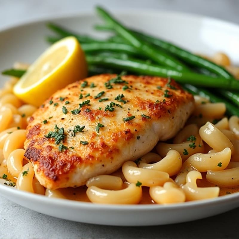 Pan-Seared Lemon Pepper Chicken with Silky Vegetable Broth Pasta and Roasted Green Beans